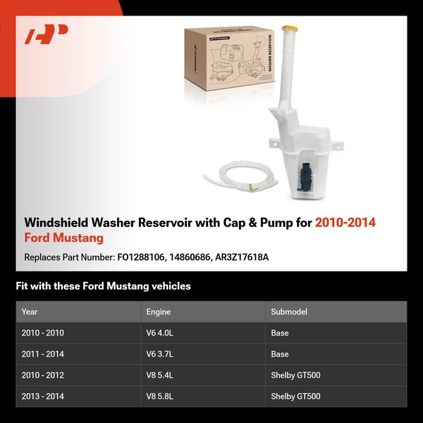 Windshield Washer Reservoir with Cap & Pump for 2010-2014 Ford Mustang