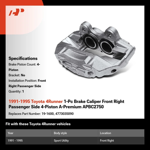 1991-1995 Toyota 4Runner 1-Pc Brake Caliper Front Right Passenger Side 4-Piston A-Premium APBC2750
