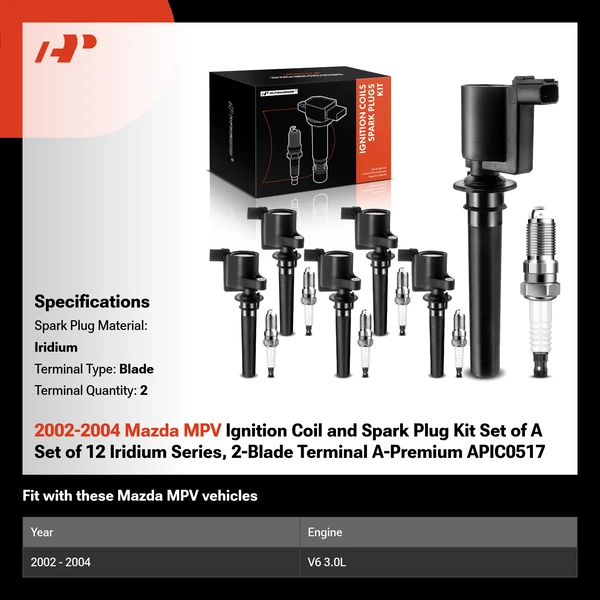 2002-2004 Mazda MPV Ignition Coil and Spark Plug Kit Set of A Set of 12 Iridium Series, 2-Blade Terminal A-Premium APIC0517