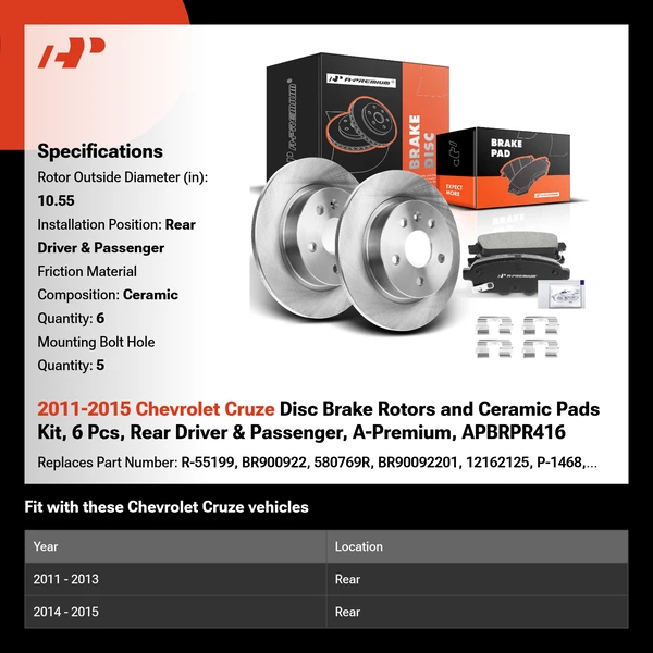 2011-2015 Chevrolet Cruze Disc Brake Rotors and Ceramic Pads Kit, 6 Pcs, Rear Driver & Passenger, A-Premium, APBRPR416