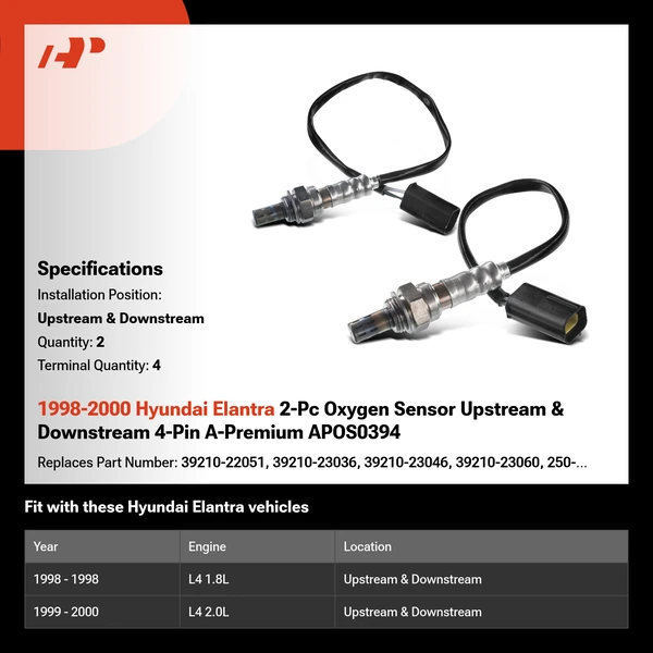 1998-2000 Hyundai Elantra 2-Pc Oxygen Sensor Upstream & Downstream 4-Pin A-Premium APOS0394