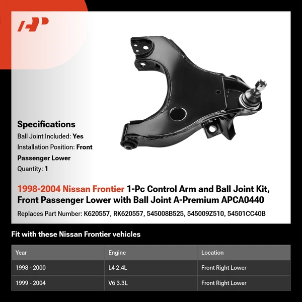 1998-2004 Nissan Frontier 1-Pc Control Arm and Ball Joint Kit, Front Passenger Lower with Ball Joint A-Premium APCA0440