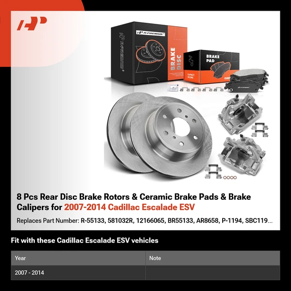 8 Pcs Rear Disc Brake Rotors & Ceramic Brake Pads & Brake Calipers for 2007-2014 Cadillac Escalade ESV
