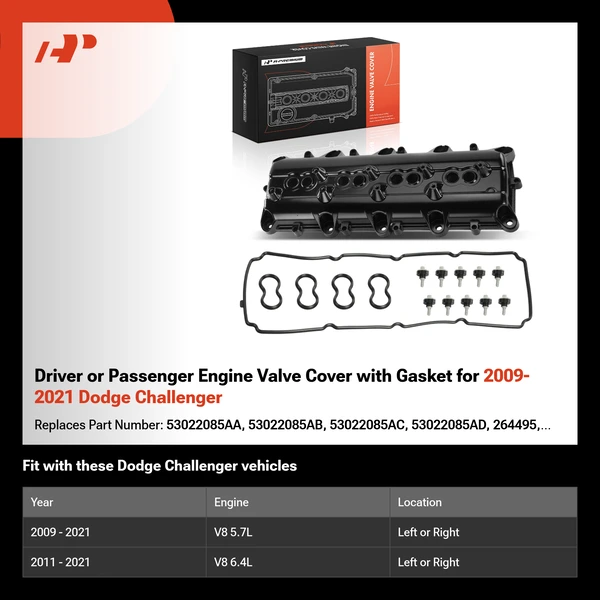 Driver or Passenger Engine Valve Cover with Gasket for 2009-2021 Dodge Challenger