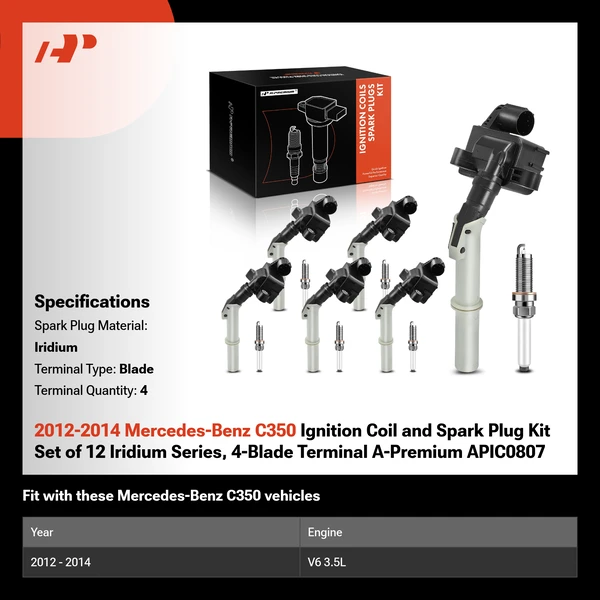 2012-2014 Mercedes-Benz C350 Ignition Coil and Spark Plug Kit Set of 12 Iridium Series, 4-Blade Terminal A-Premium APIC0807