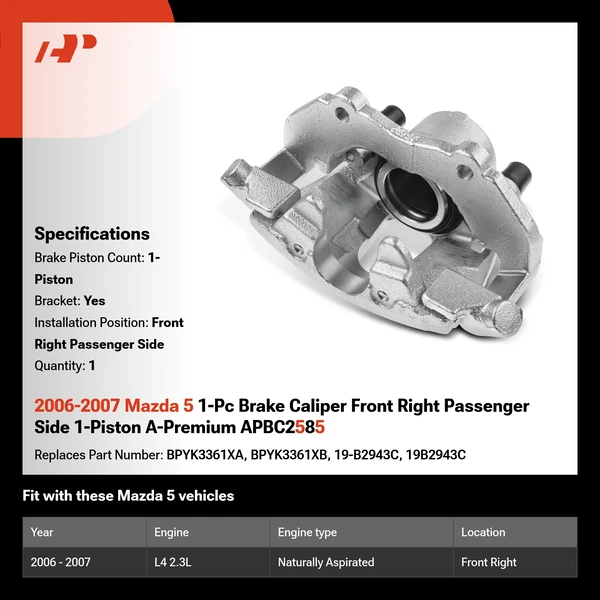 2006-2007 Mazda 5 1-Pc Brake Caliper Front Right Passenger Side 1-Piston A-Premium APBC2585