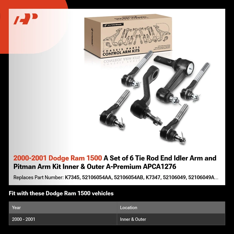 2000-2001 Dodge Ram 1500 A Set of 6 Tie Rod End Idler Arm and Pitman Arm Kit Inner & Outer A-Premium APCA1276