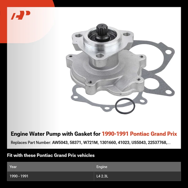 Engine Water Pump with Gasket for 1990-1991 Pontiac Grand Prix