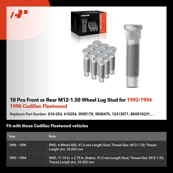 10 Pcs Front or Rear M12-1.50 Wheel Lug Stud for 1993-1994 1996 Cadillac Fleetwood