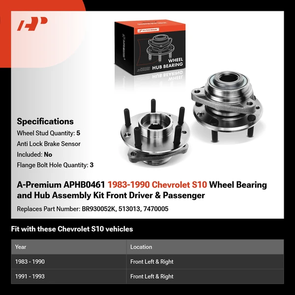 A-Premium APHB0461 1983-1990 Chevrolet S10 Wheel Bearing and Hub Assembly Kit Front Driver & Passenger