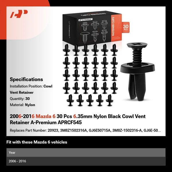 2006-2016 Mazda 6 30 Pcs 6.35mm Nylon Black Cowl Vent Retainer A-Premium APRCF545