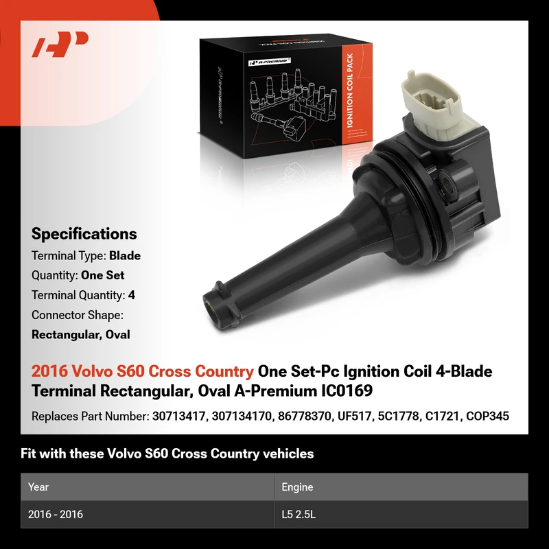 2016 Volvo S60 Cross Country One Set-Pc Ignition Coil 4-Blade Terminal Rectangular, Oval A-Premium IC0169