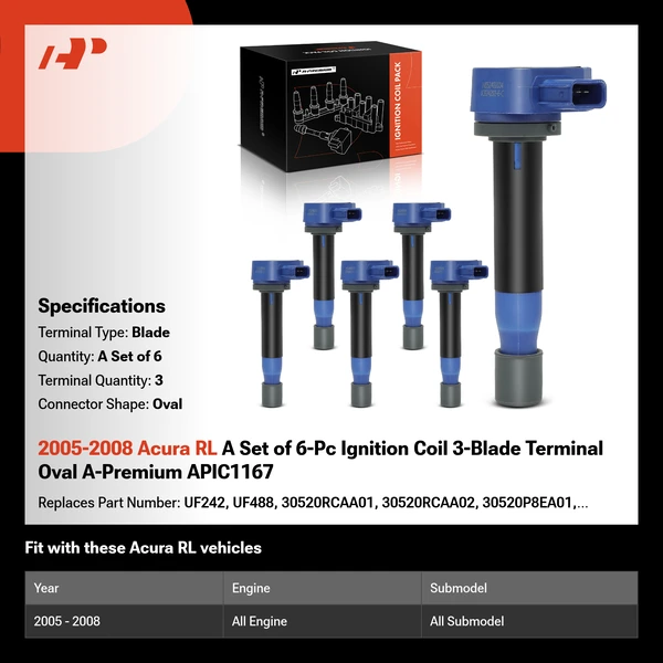 2005-2008 Acura RL A Set of 6-Pc Ignition Coil 3-Blade Terminal Oval A-Premium APIC1167