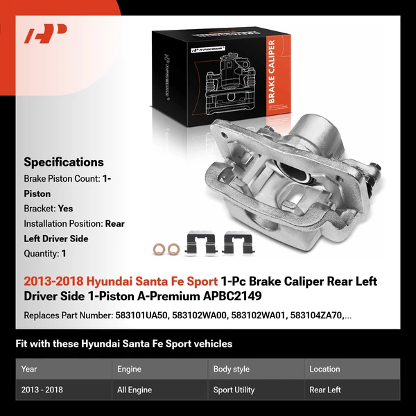 2013-2018 Hyundai Santa Fe Sport 1-Pc Brake Caliper Rear Left Driver Side 1-Piston A-Premium APBC2149