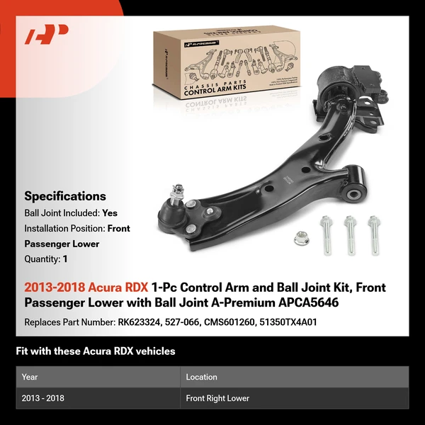 2013-2018 Acura RDX 1-Pc Control Arm and Ball Joint Kit, Front Passenger Lower with Ball Joint A-Premium APCA5646