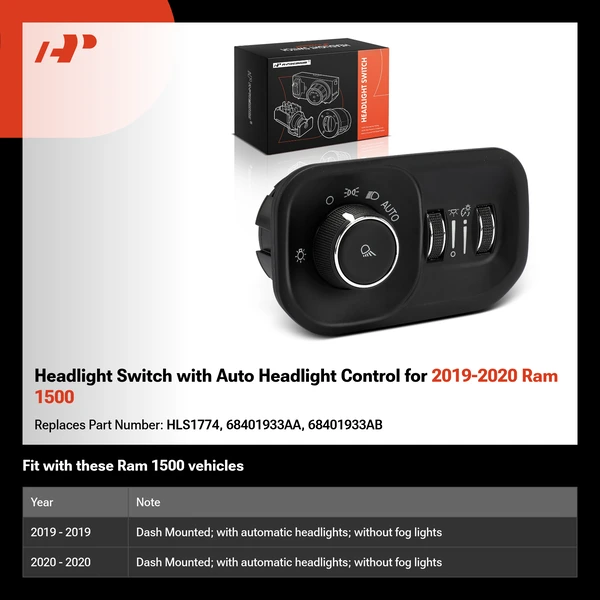 Headlight Switch with Auto Headlight Control for 2019-2020 Ram 1500