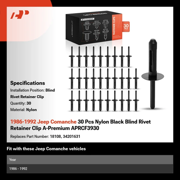 1986-1992 Jeep Comanche 30 Pcs Nylon Black Blind Rivet Retainer Clip A-Premium APRCF3930