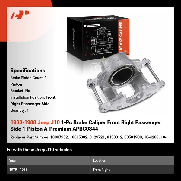 1983-1988 Jeep J10 1-Pc Brake Caliper Front Right Passenger Side 1-Piston A-Premium APBC0344