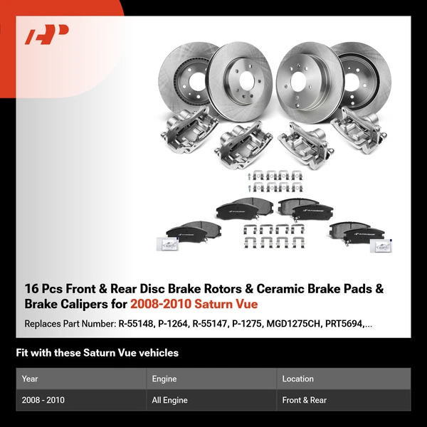 16 Pcs Front & Rear Disc Brake Rotors & Ceramic Brake Pads & Brake Calipers for 2008-2010 Saturn Vue