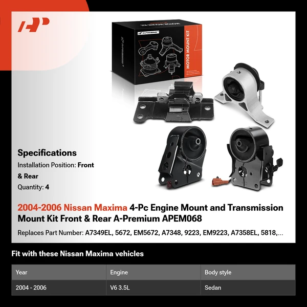 2004-2006 Nissan Maxima 4-Pc Engine Mount and Transmission Mount Kit Front & Rear A-Premium APEM068