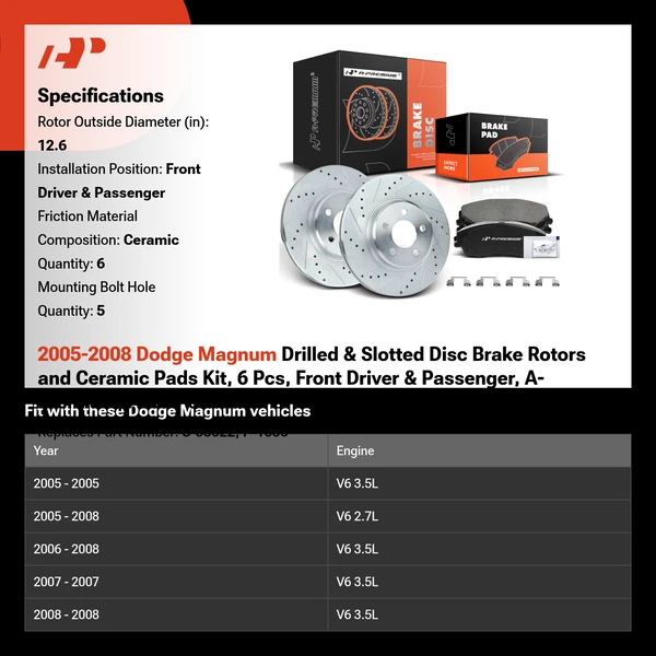 2005-2008 Dodge Magnum Drilled & Slotted Disc Brake Rotors and Ceramic Pads Kit, 6 Pcs, Front Driver & Passenger, A-Premium, APBRPS077
