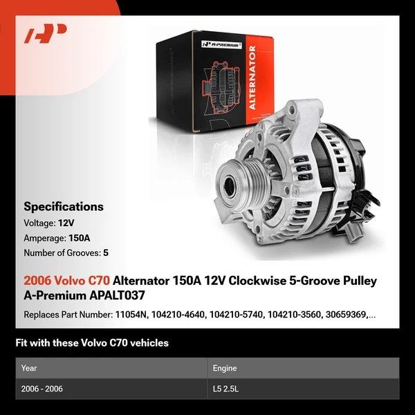 2006 Volvo C70 Alternator 150A 12V Clockwise 5-Groove Pulley A-Premium APALT037