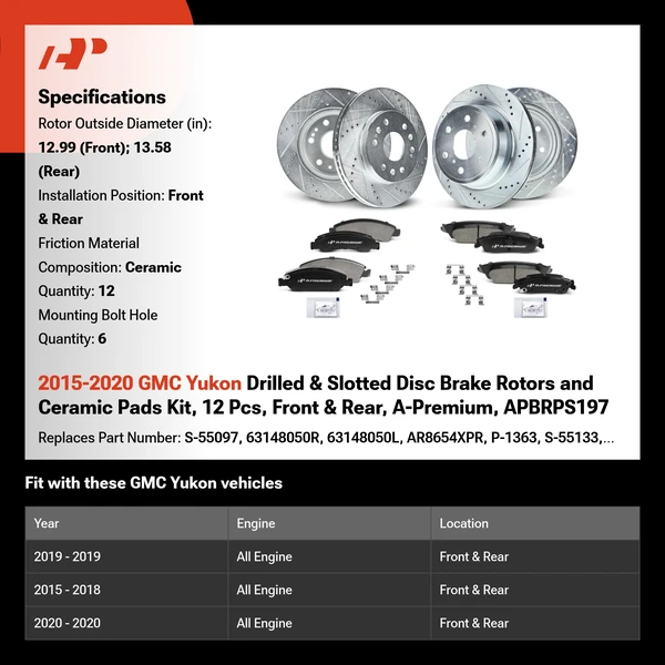 2015-2020 GMC Yukon Drilled & Slotted Disc Brake Rotors and Ceramic Pads Kit, 12 Pcs, Front & Rear, A-Premium, APBRPS197