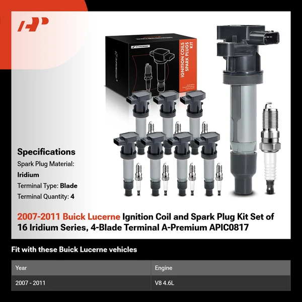 2007-2011 Buick Lucerne Ignition Coil and Spark Plug Kit Set of 16 Iridium Series, 4-Blade Terminal A-Premium APIC0817