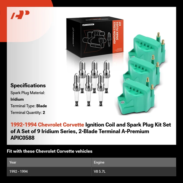 1992-1994 Chevrolet Corvette Ignition Coil and Spark Plug Kit Set of A Set of 9 Iridium Series, 2-Blade Terminal A-Premium APIC0588