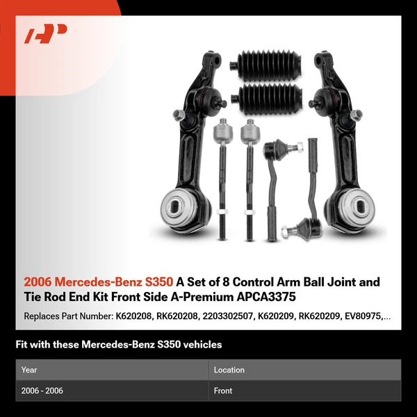 2006 Mercedes-Benz S350 A Set of 8 Control Arm Ball Joint and Tie Rod End Kit Front Side A-Premium APCA3375