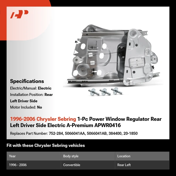 1996-2006 Chrysler Sebring 1-Pc Power Window Regulator Rear Left Driver Side Electric A-Premium APWR0416