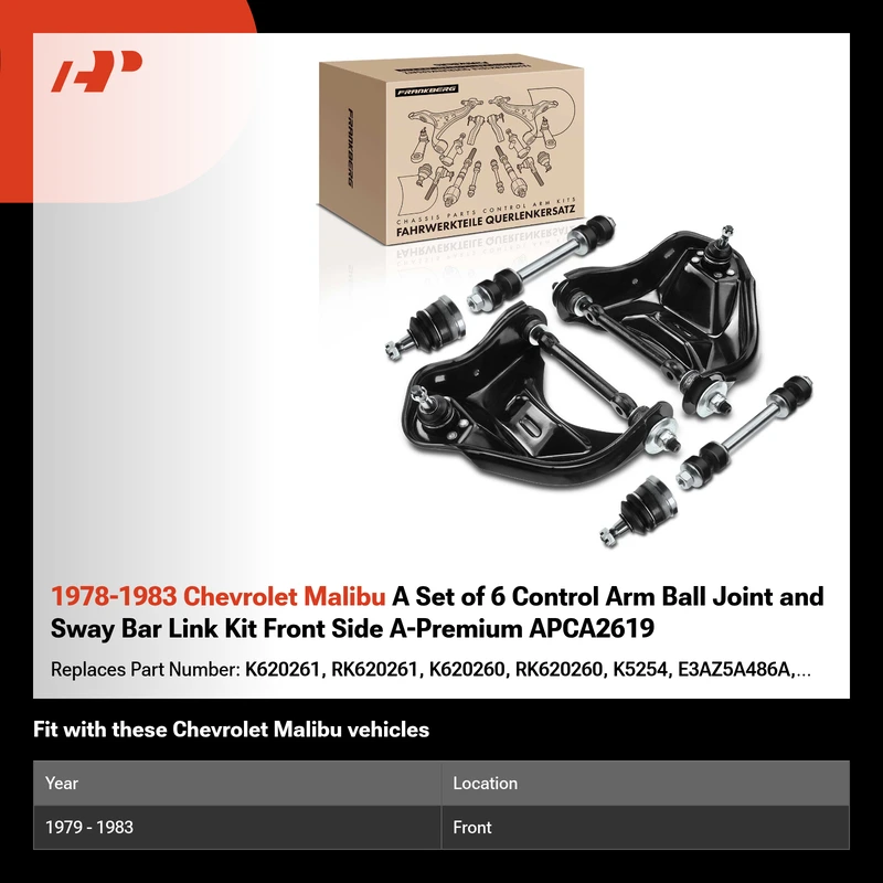 1978-1983 Chevrolet Malibu A Set of 6 Control Arm Ball Joint and Sway Bar Link Kit Front Side A-Premium APCA2619