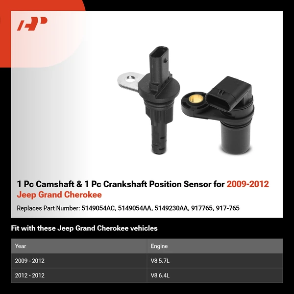 1 Pc Camshaft & 1 Pc Crankshaft Position Sensor for 2009-2012 Jeep Grand Cherokee