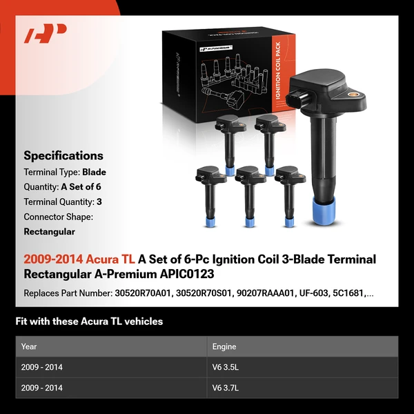 2009-2014 Acura TL A Set of 6-Pc Ignition Coil 3-Blade Terminal Rectangular A-Premium APIC0123