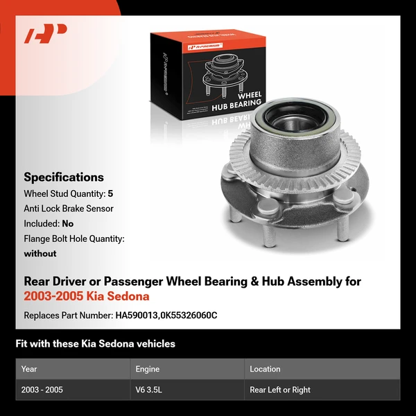 Rear Driver or Passenger Wheel Bearing & Hub Assembly for 2003-2005 Kia Sedona