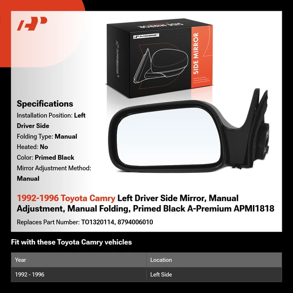 1992-1996 Toyota Camry Left Driver Side Mirror, Manual Adjustment, Manual Folding, Primed Black A-Premium APMI1818
