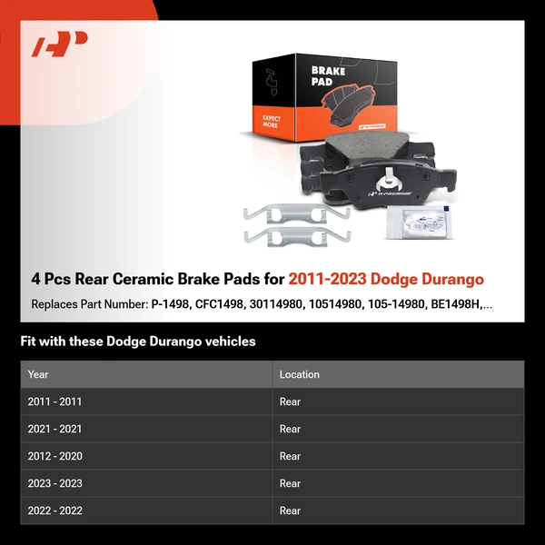 4 Pcs Rear Ceramic Brake Pads for 2011-2023 Dodge Durango