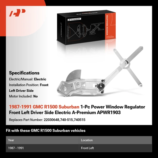 1987-1991 GMC R1500 Suburban 1-Pc Power Window Regulator Front Left Driver Side Electric A-Premium APWR1903