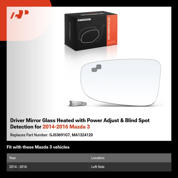 Driver Mirror Glass Heated with Power Adjust & Blind Spot Detection for 2014-2016 Mazda 3