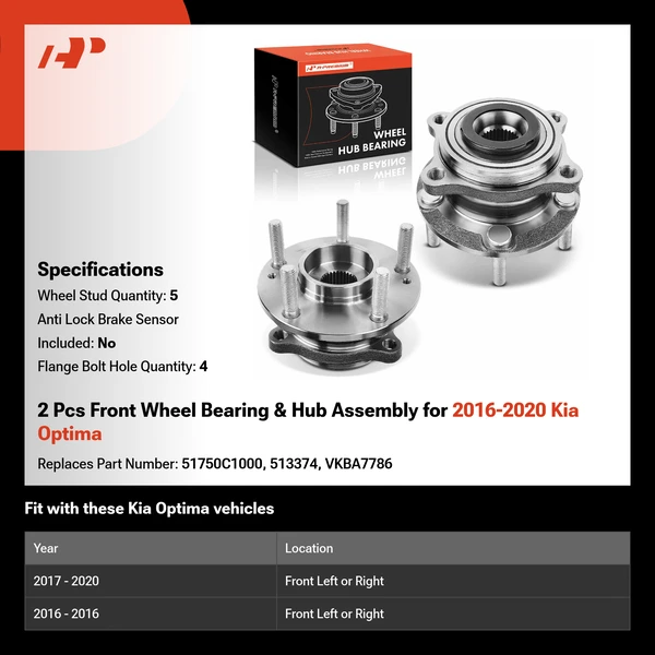 2 Pcs Front Wheel Bearing & Hub Assembly for 2016-2020 Kia Optima