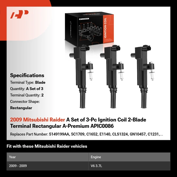 2009 Mitsubishi Raider A Set of 3-Pc Ignition Coil 2-Blade Terminal Rectangular A-Premium APIC0086