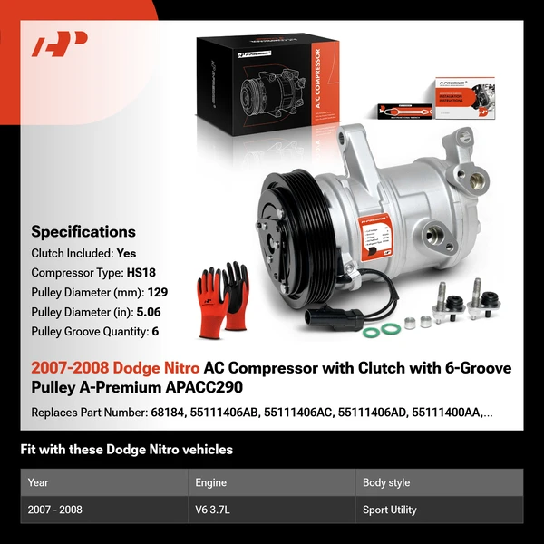 2007-2008 Dodge Nitro AC Compressor with Clutch with 6-Groove Pulley A-Premium APACC290