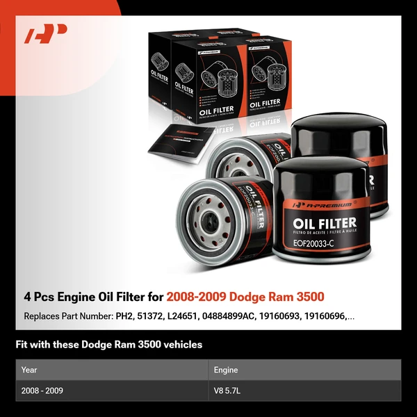 4 Pcs Engine Oil Filter for 2008-2009 Dodge Ram 3500