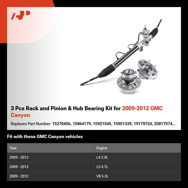 3 Pcs Rack and Pinion & Hub Bearing Kit for 2009-2012 GMC Canyon