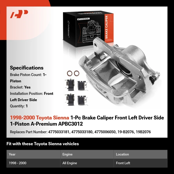 1998-2000 Toyota Sienna 1-Pc Brake Caliper Front Left Driver Side 1-Piston A-Premium APBC3012