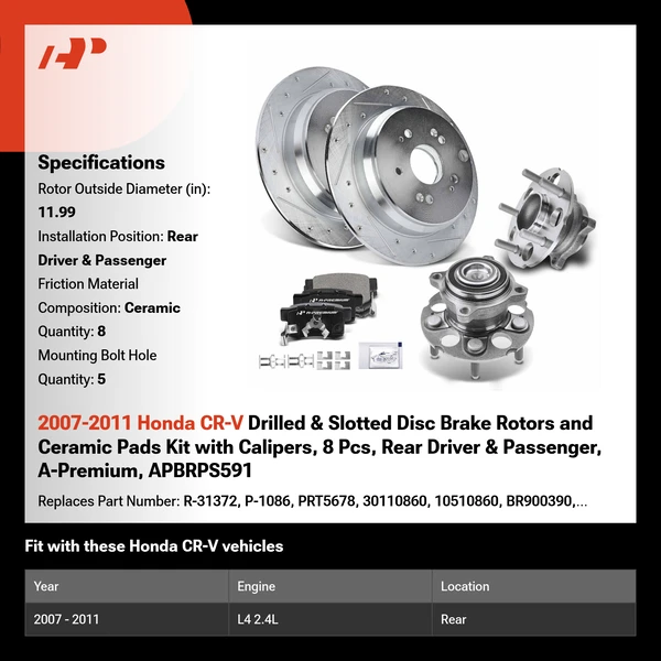 2007-2011 Honda CR-V Drilled & Slotted Disc Brake Rotors and Ceramic Pads Kit with Calipers, 8 Pcs, Rear Driver & Passenger, A-Premium, APBRPS591