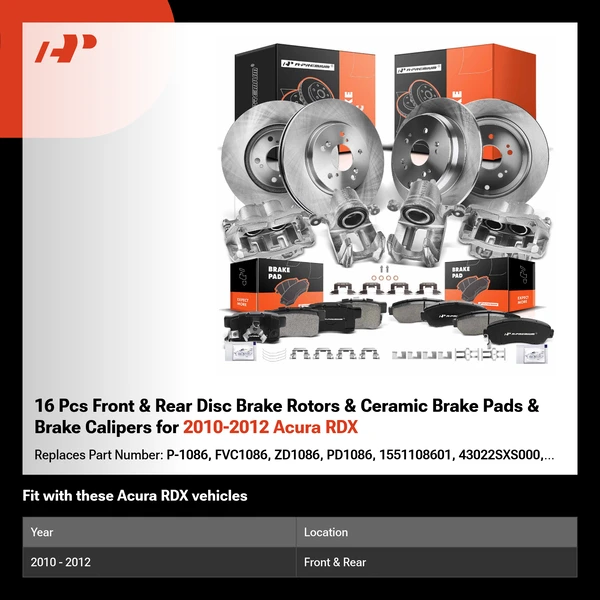 16 Pcs Front & Rear Disc Brake Rotors & Ceramic Brake Pads & Brake Calipers for 2010-2012 Acura RDX