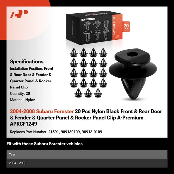 2004-2008 Subaru Forester 20 Pcs Nylon Black Front & Rear Door & Fender & Quarter Panel & Rocker Panel Clip A-Premium APRCF1249