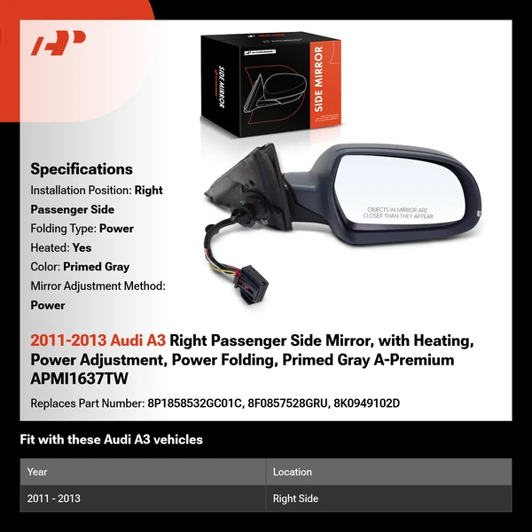 2011-2013 Audi A3 Right Passenger Side Mirror, with Heating, Power Adjustment, Power Folding, Primed Gray A-Premium APMI1637TW