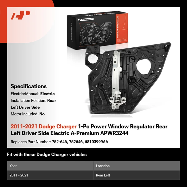 2011-2021 Dodge Charger 1-Pc Power Window Regulator Rear Left Driver Side Electric A-Premium APWR3244